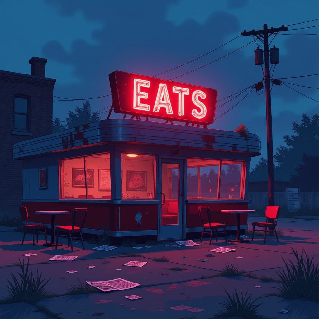 Abandoned Diner at Twilight in Eerie Neon Glow