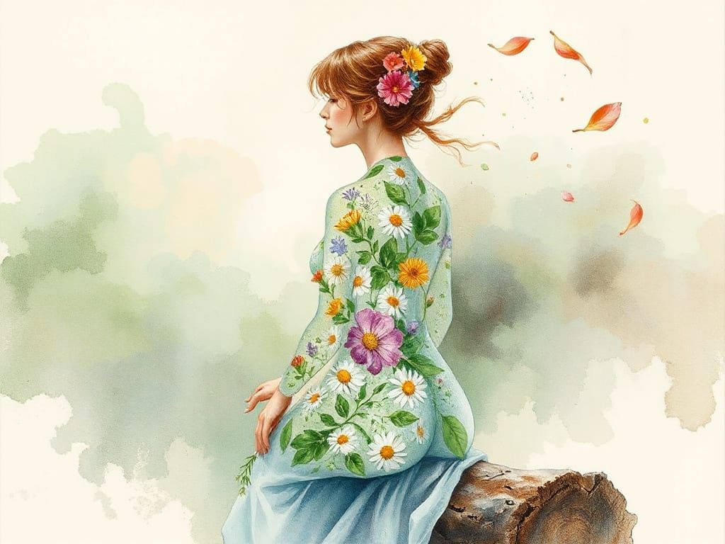 Ethereal Glass Goddess Among Nature's Blooms in Soft Waterco...