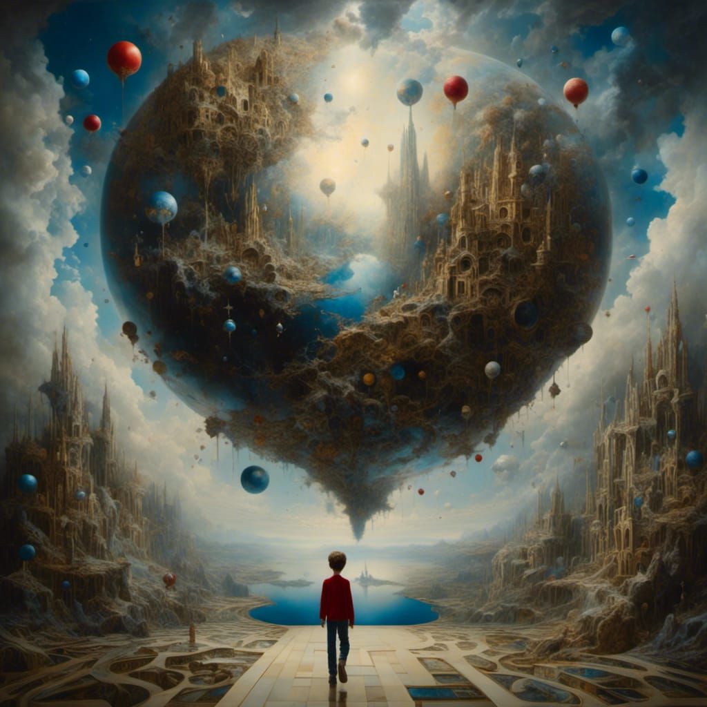 Boy Escaping into Surreal Renaissance Painting