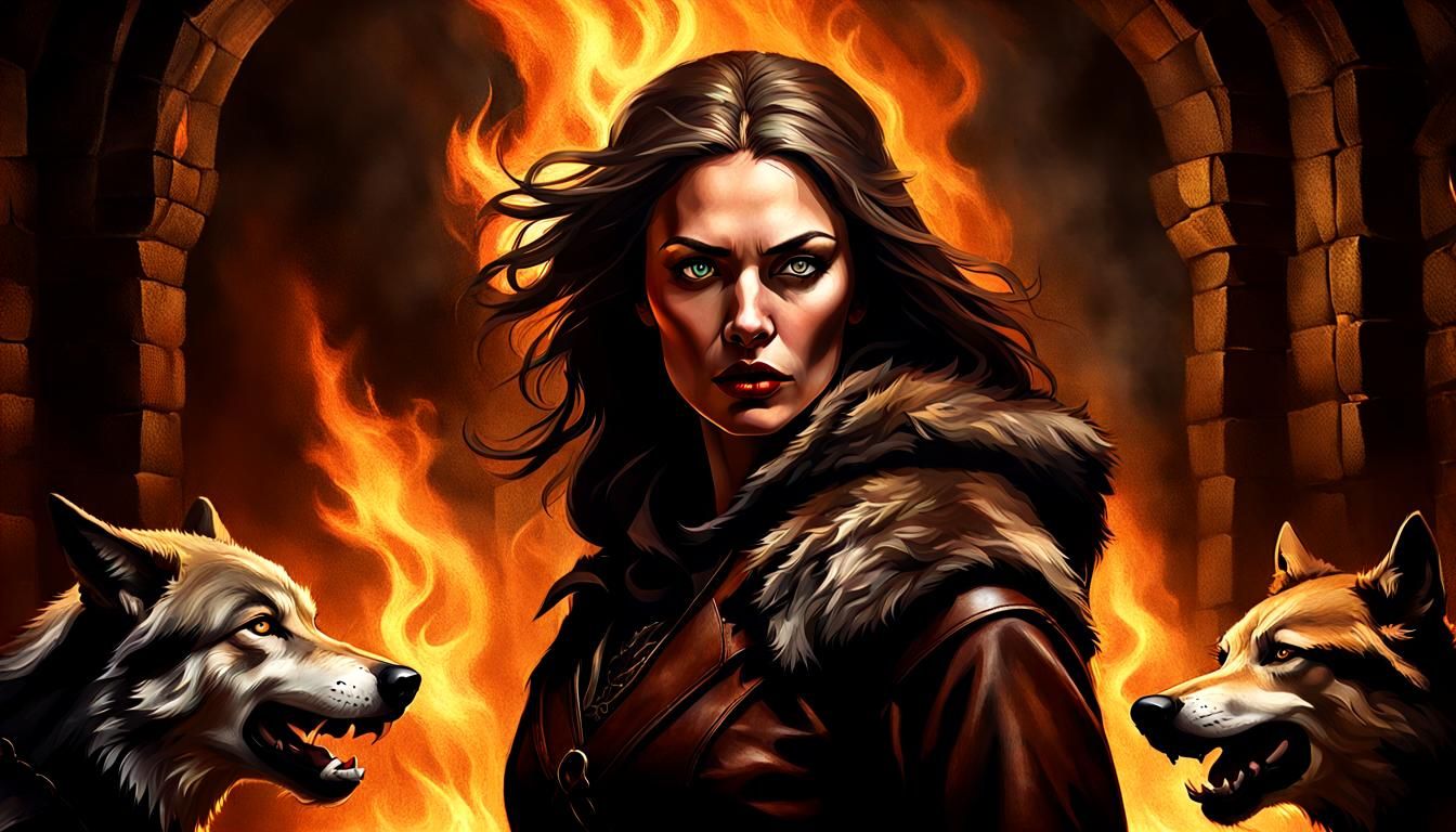 Medieval Mistress of Wolves in Dark Cave Portrait