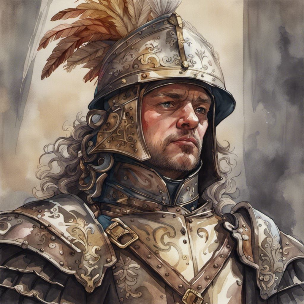 Elizabethan Soldier Portrait in Watercolor Style