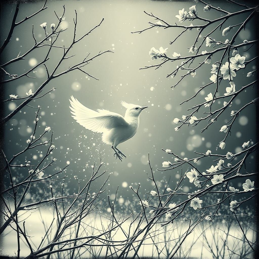 Surreal White Bird Photogram in Dreamlike Winter Scene