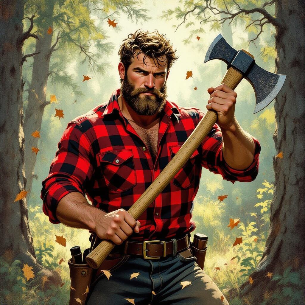 Heroic Lumberjack in Rockwell-esque Forest Scene