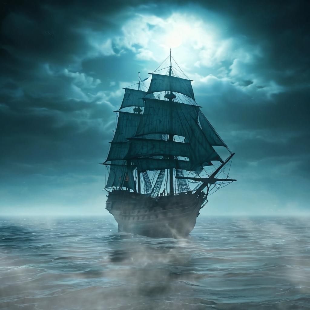 Schooner Sailing in Sky Above Angry Sea