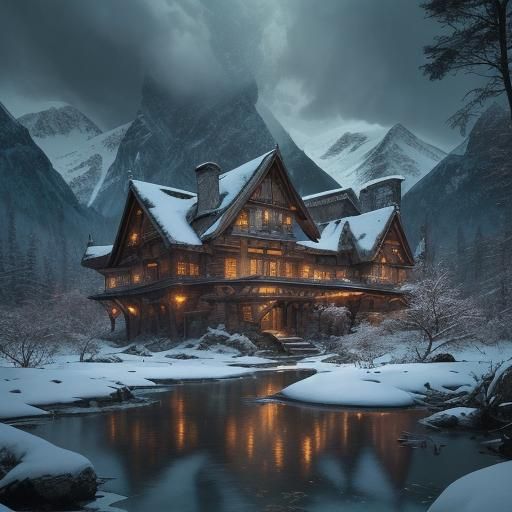 Hyperrealistic Chalet at Forest Edge with Mountains