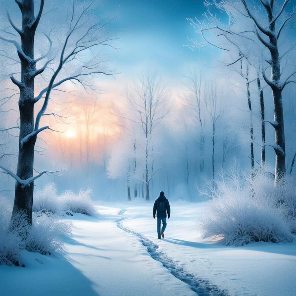 Winter Landscape: Lone Figure in Frozen Forest