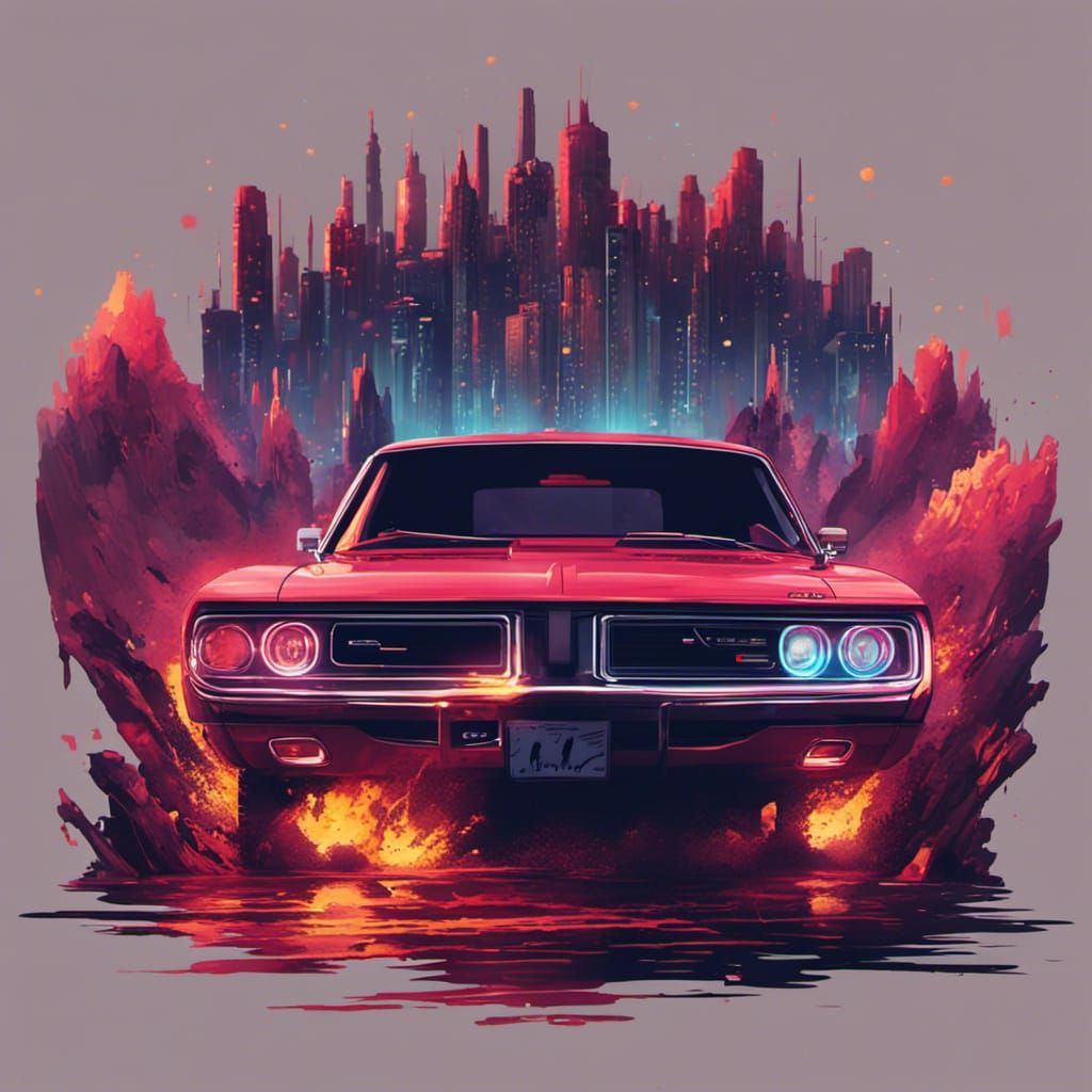 Reimagine the Dodge Charger in a pixel art style, giving it a nostalgic and vibrant appearance reminiscent of classic vi...