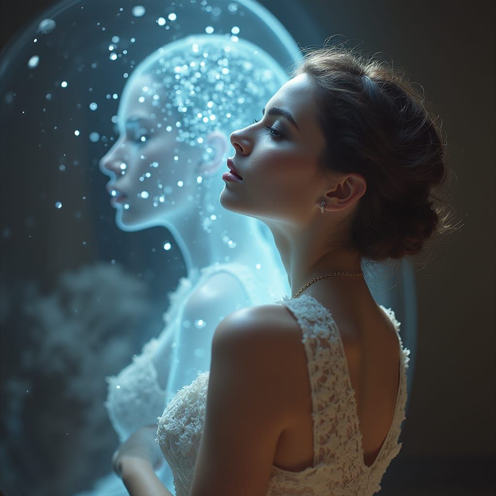 Ethereal Hologram Projection of Woman in Futuristic Style