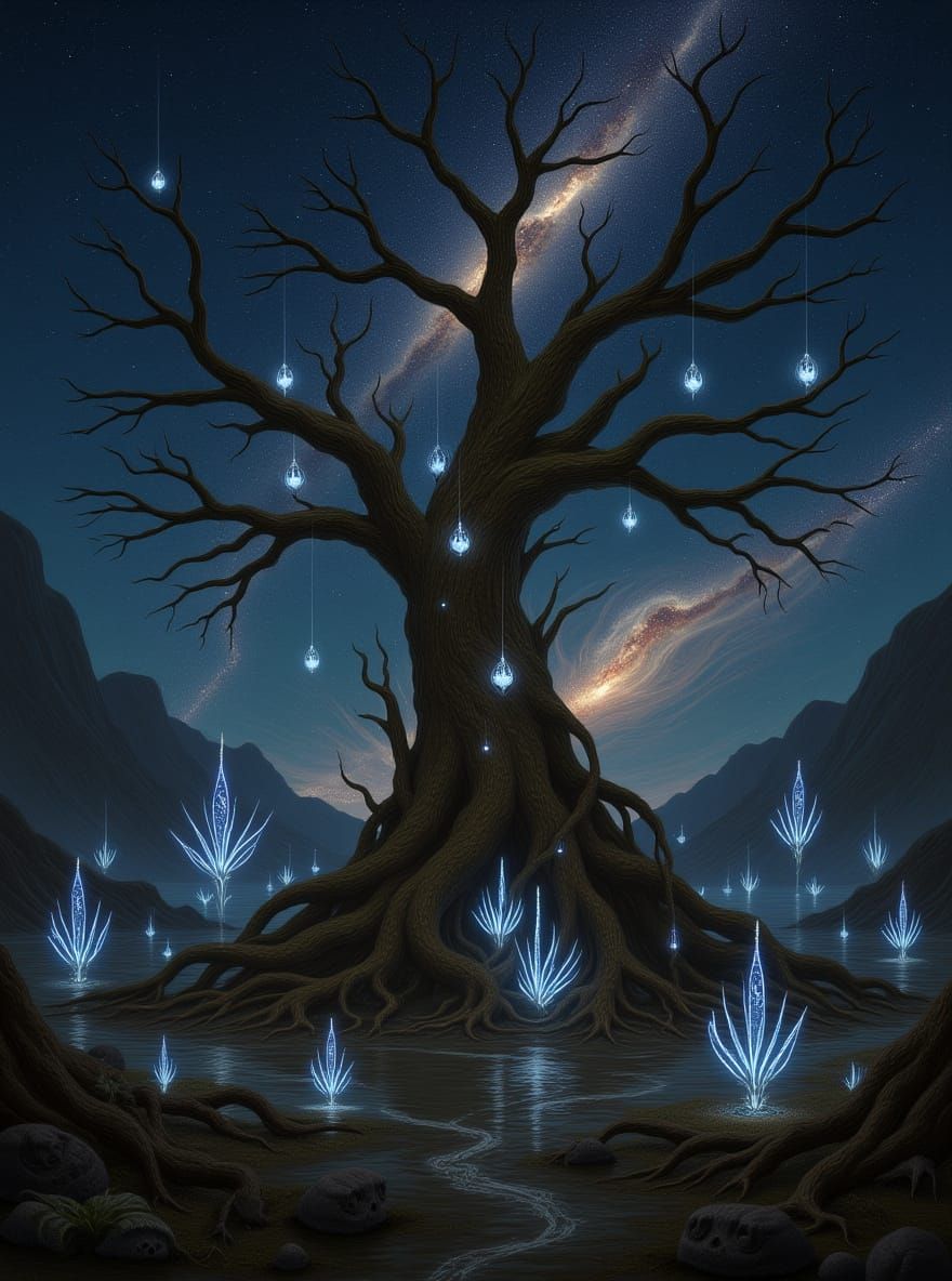 Ancient Cosmic Tree with Glowing Crystal Fruits