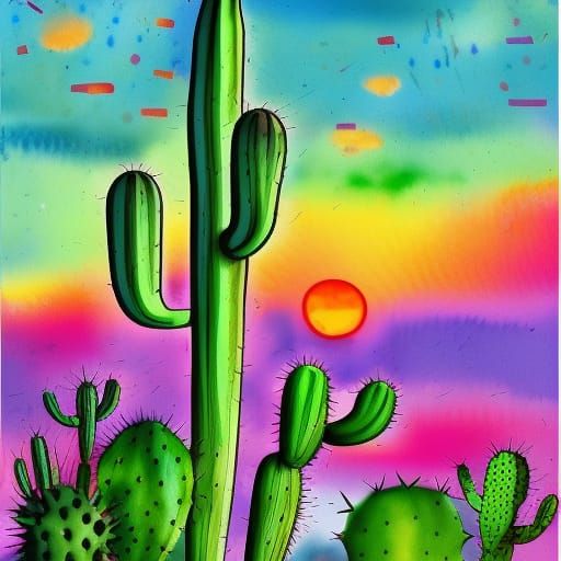 Colorful Cactus Sunset Watercolor Collage