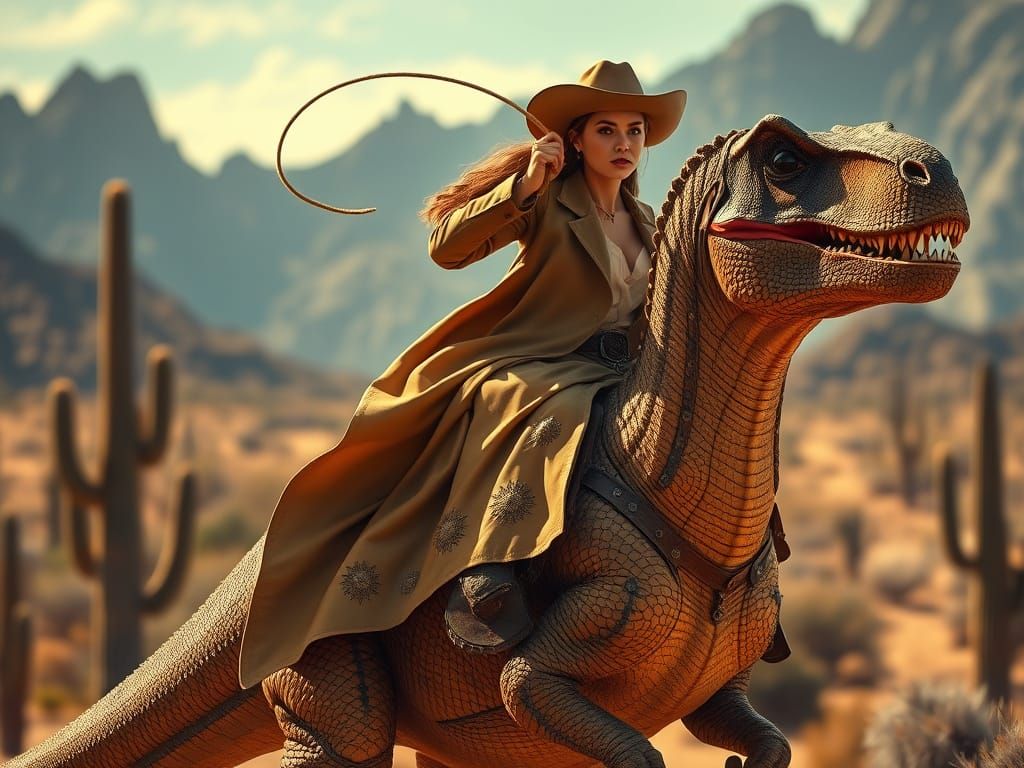 Cowgirl riding a dinosaur