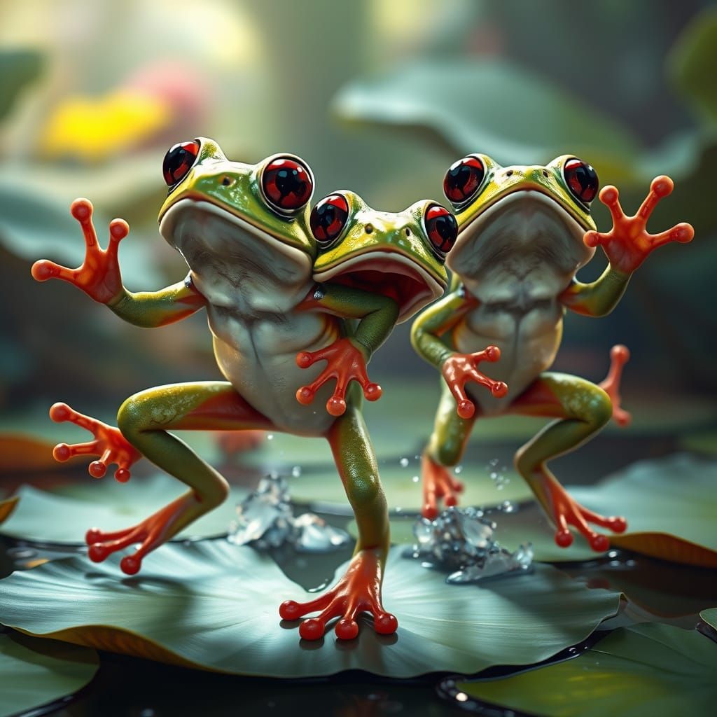 Surprised Frogs Frolicking on Lily Pads in Splash Art Style