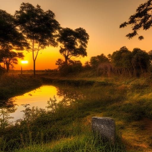 Golden Sunset Overgrown Ancient City on Lake