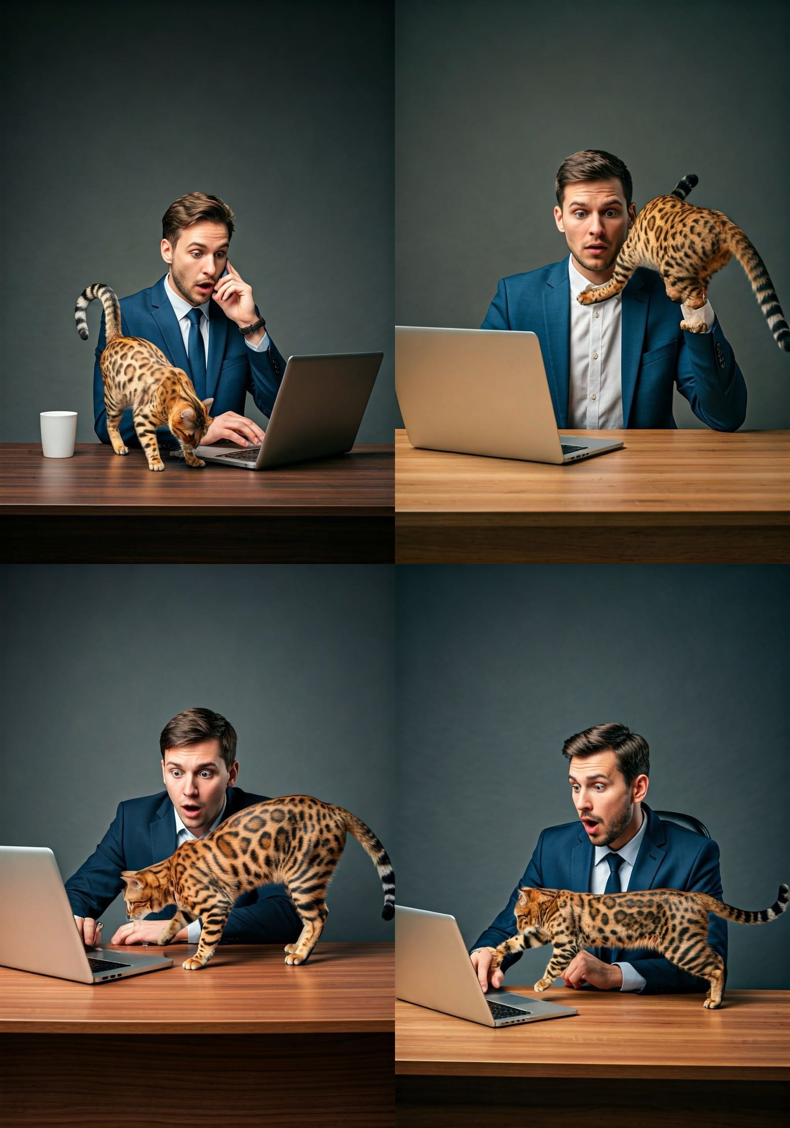 Man in Suit, Surprised Interlocutor, Cat on Desk