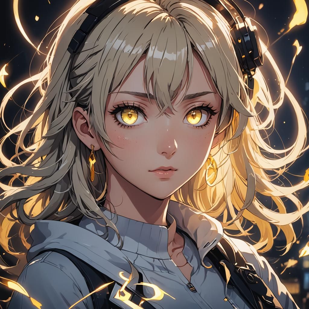 Anime Girl with Yellow Eyes in Cel-Shaded Style