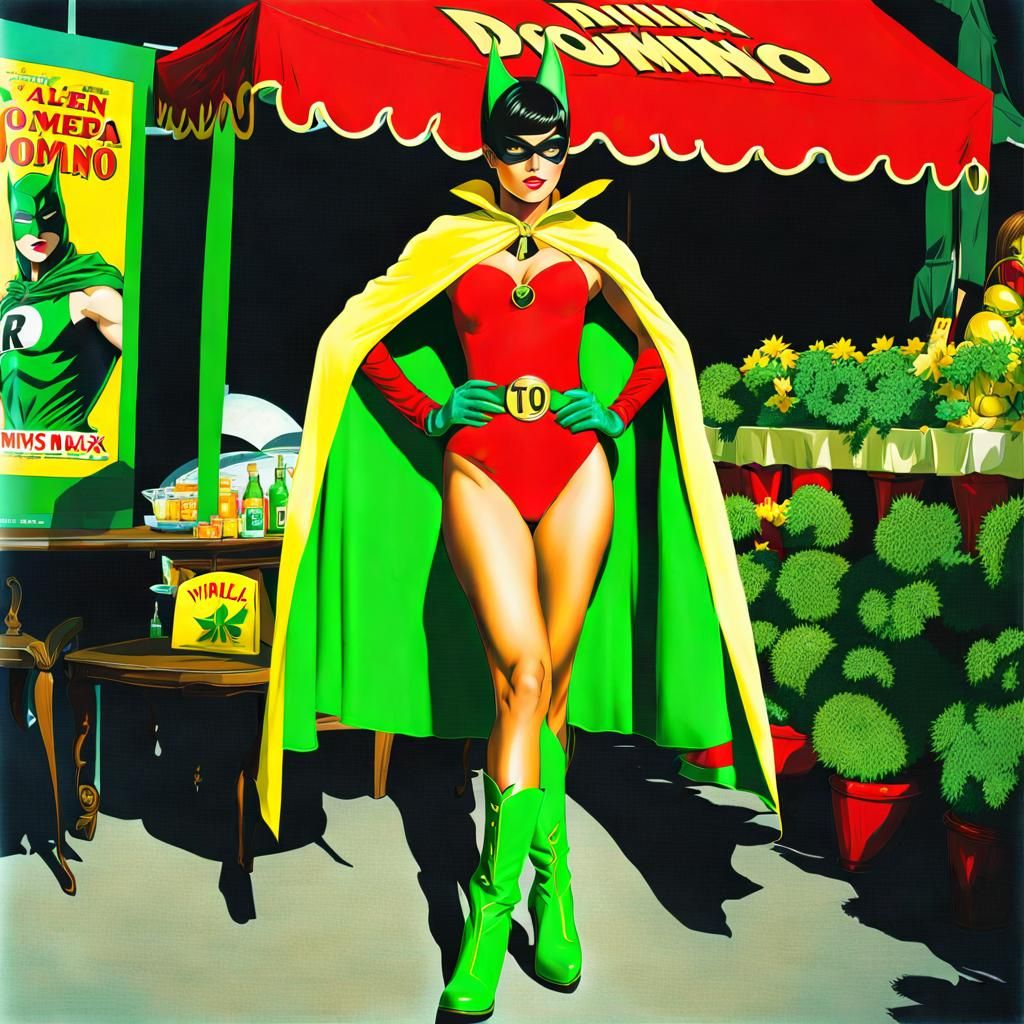 Superheroine in Red and Green Costume