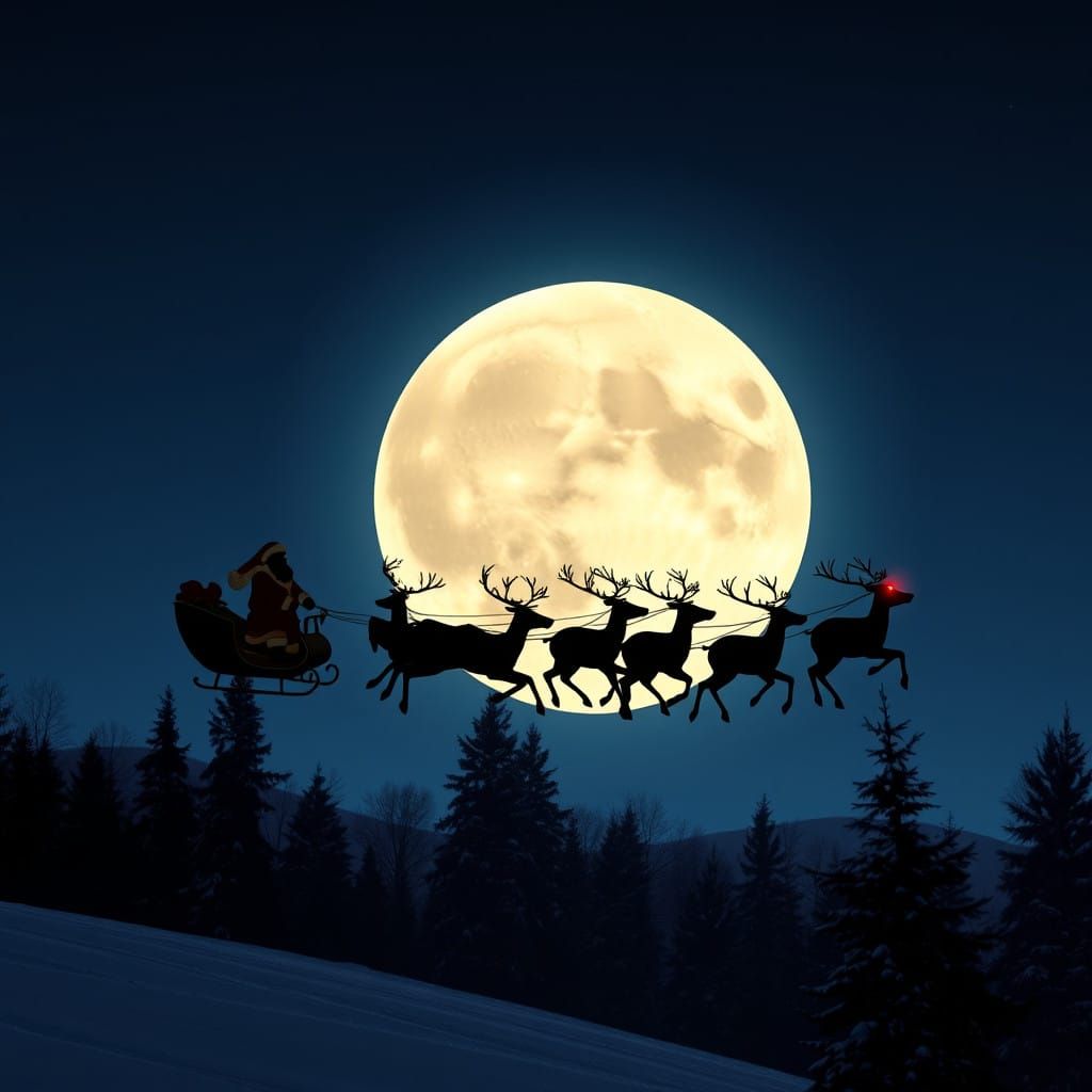 Surreal Christmas Scene of Santa Flying Through the Sky with...