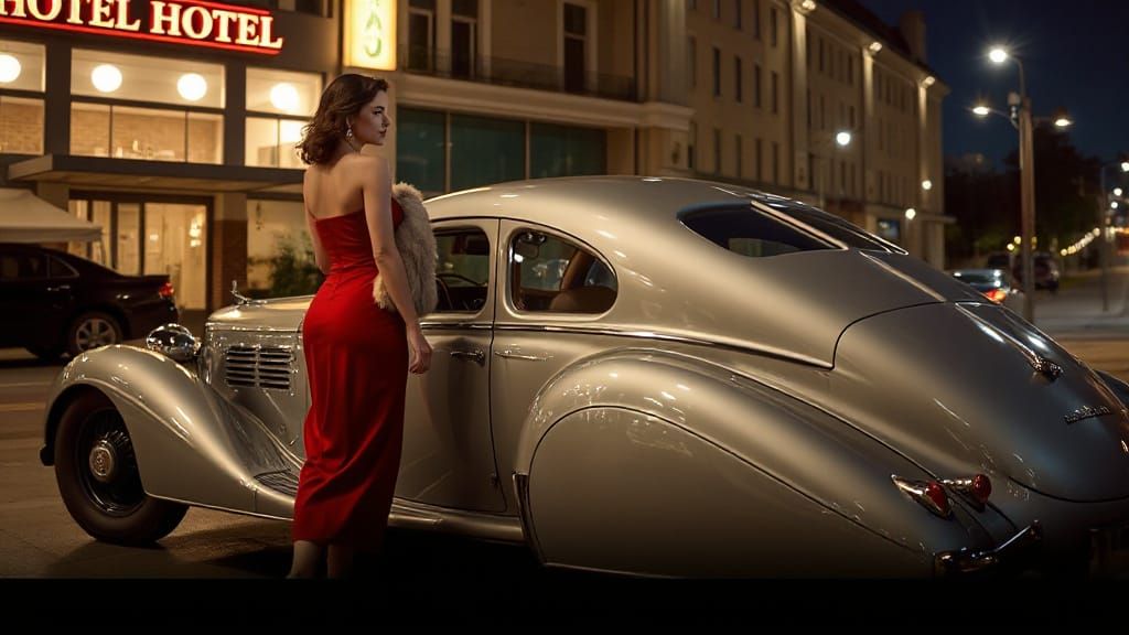 1920s Car with Woman in Red Dress at Night