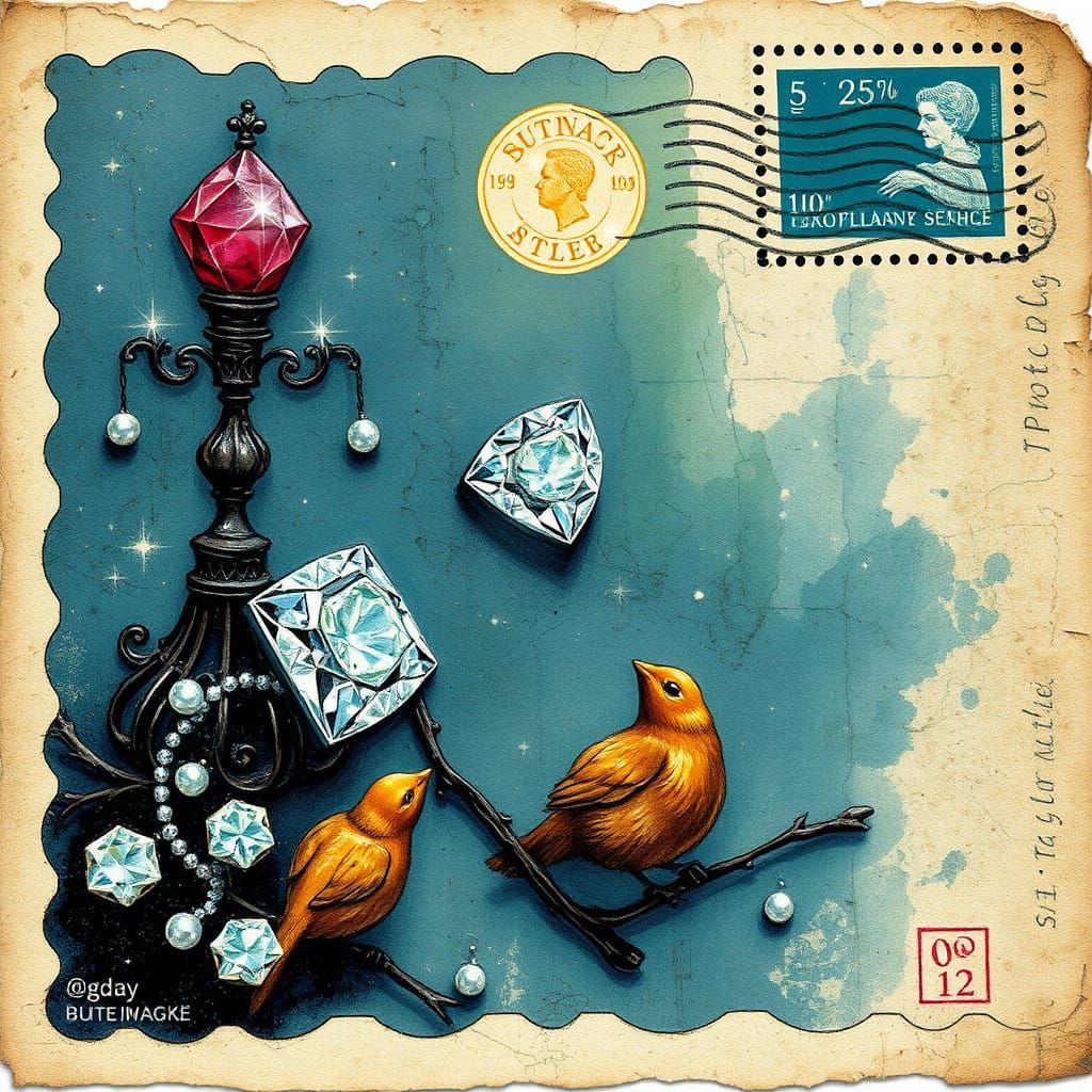 Vintage Noir Folk Art Postcard of Shining Diamonds and Pearl...