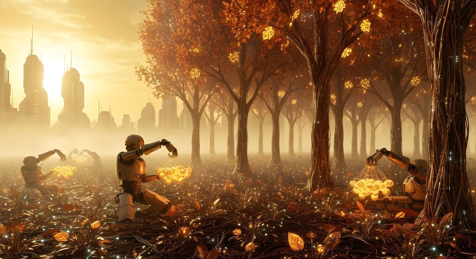 Robotic Autumn Harvest in Cyberpunk Cityscape