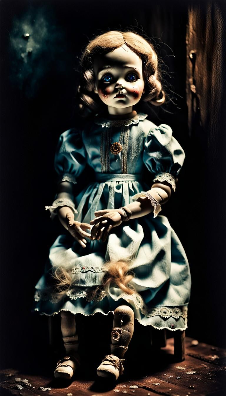 Creepy Doll in Dark Room: Surreal Horror Photograph