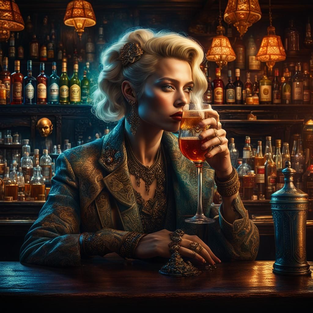 Blonde Woman in Disguise in Dimly Lit Bar