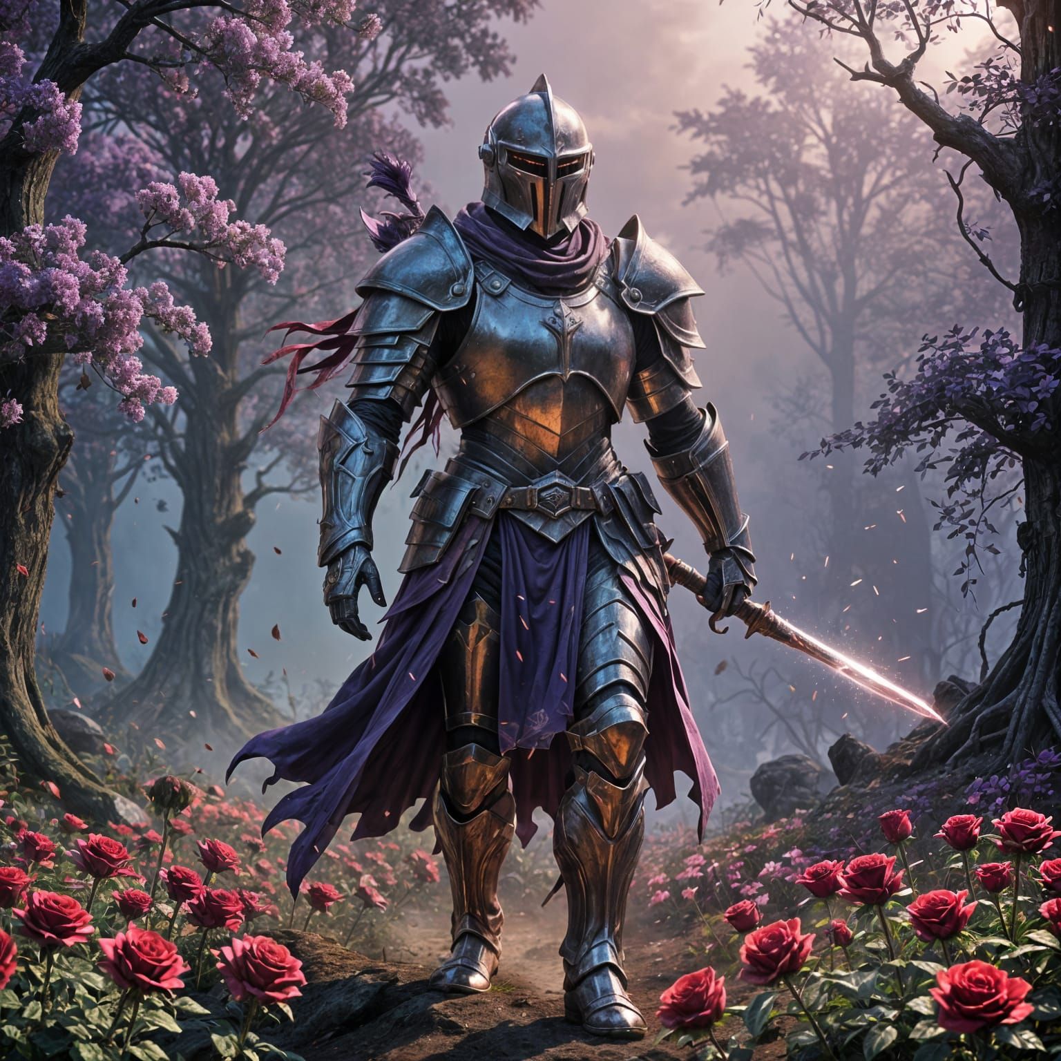 Surreal Knight Amidst Magical Roses in Shining Armor