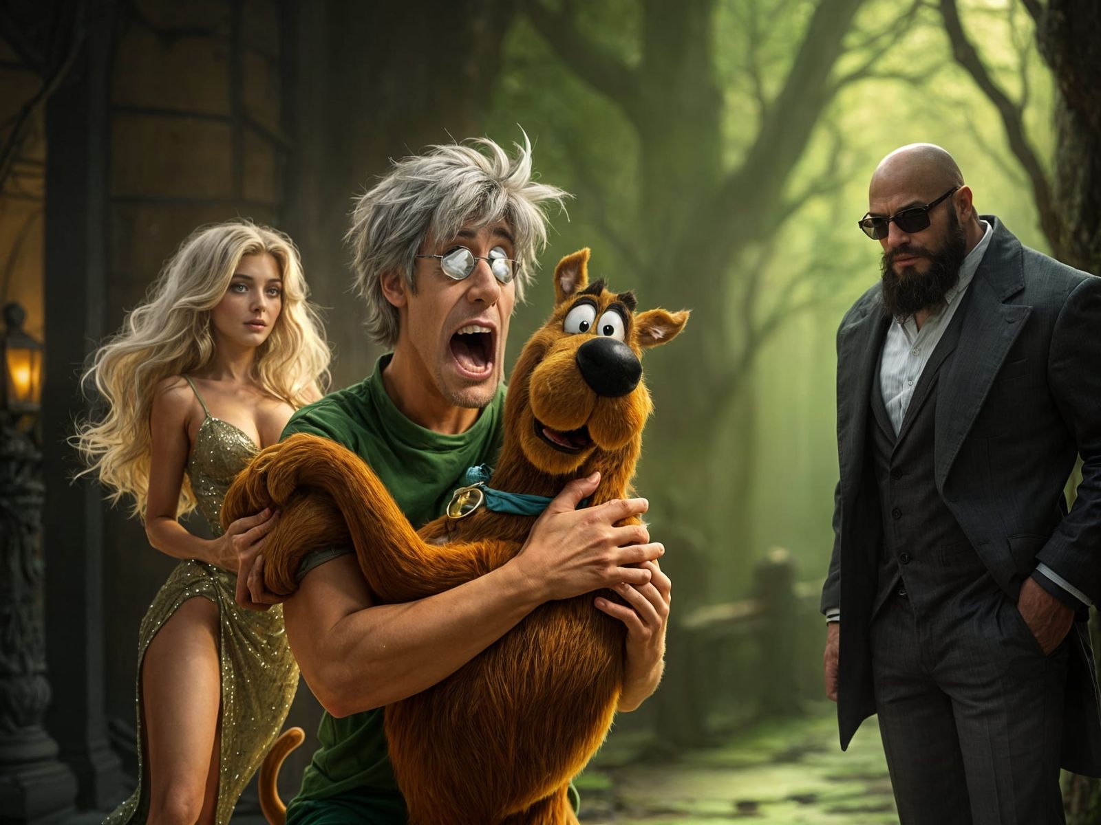 Shaggy Carries Scared Scooby Doo in Cartoon Style