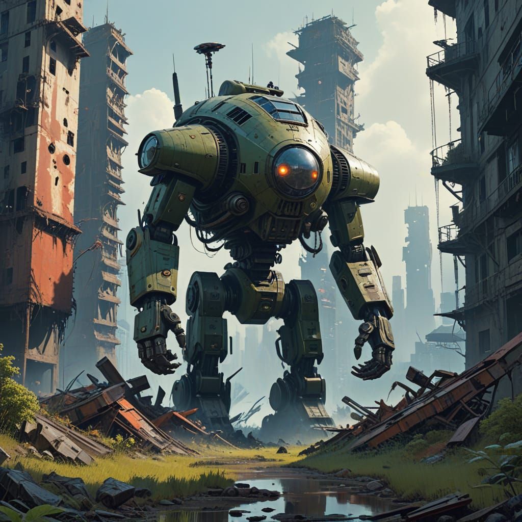 Post-Apocalyptic Warrior Navigates Futuristic City Ruins