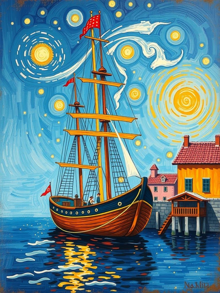 Ship in Harbor as Van Gogh-Style Painting