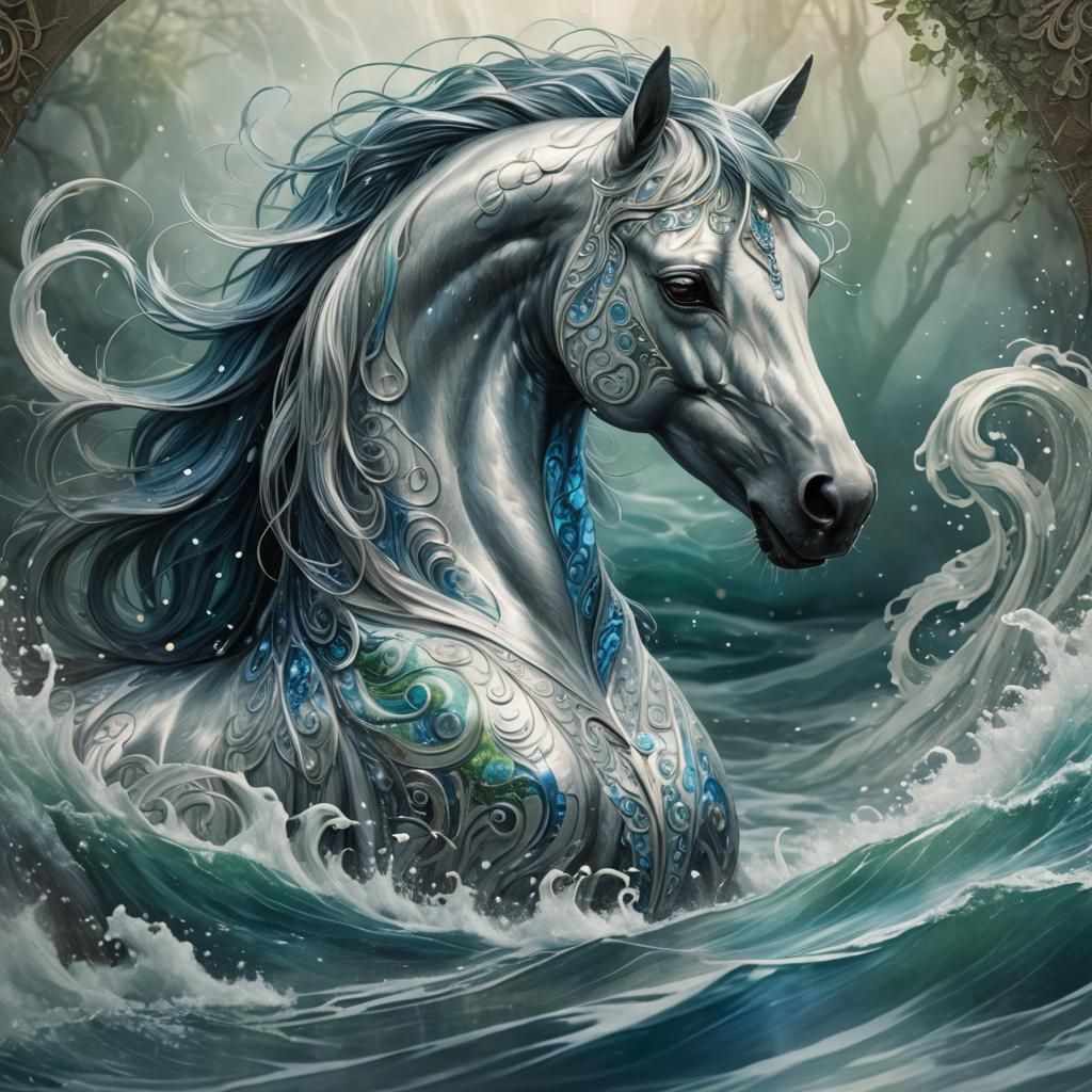 Majestic Kelpie: Silver and Blue Mythological Horse