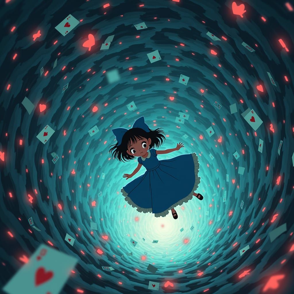 Girl Falling in Card Filled Well, Anime Style