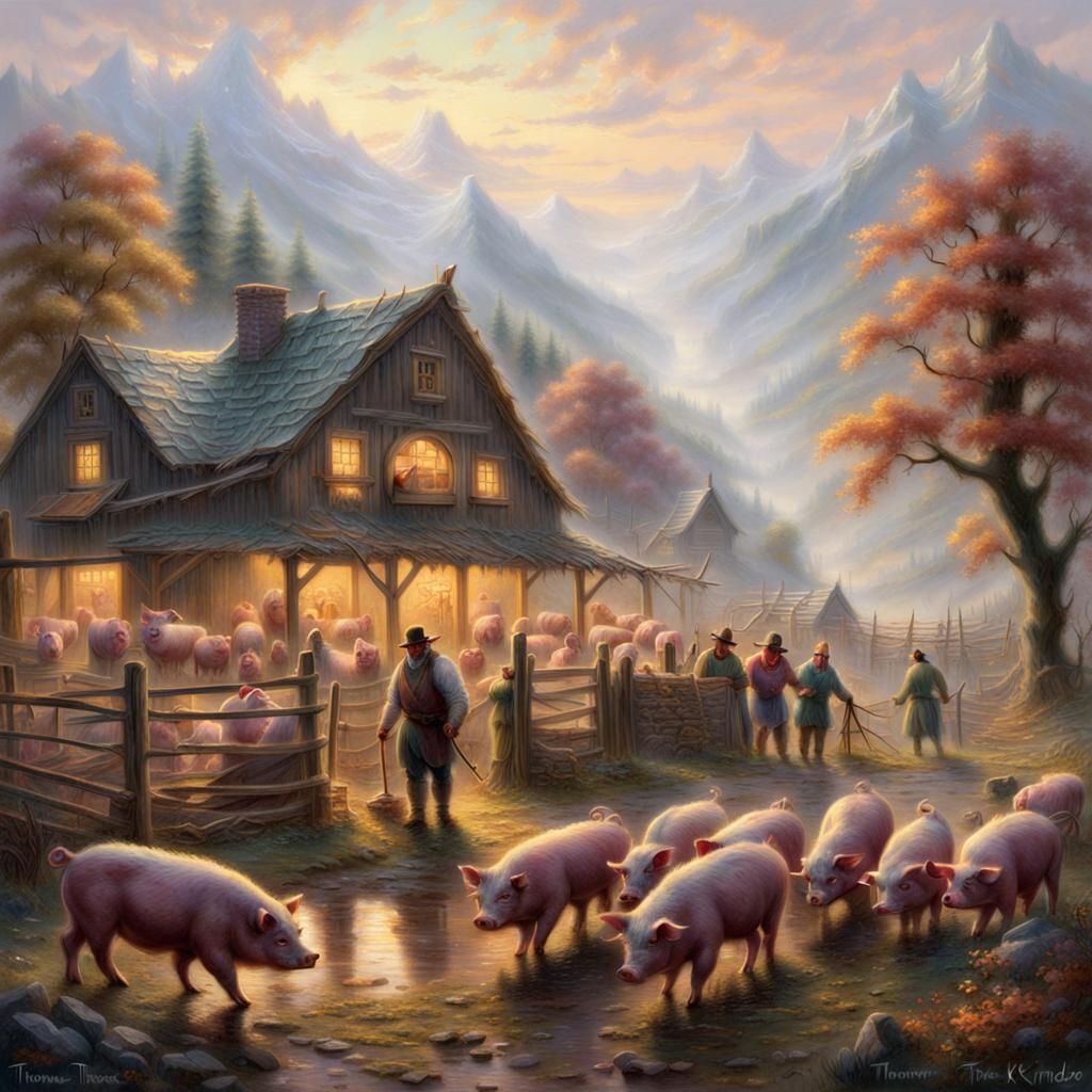 Orc Farmer's Pigs in Ethereal Fantasy Landscape