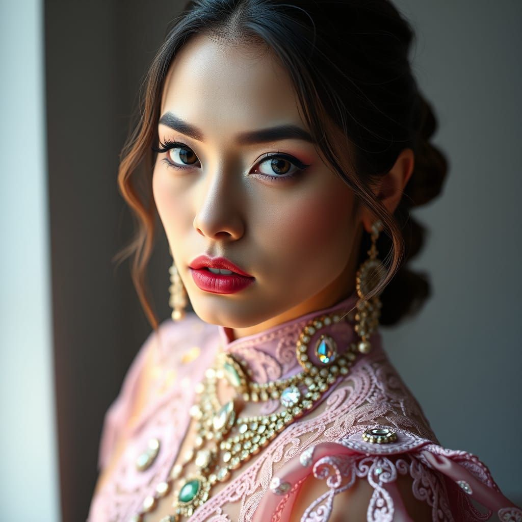 Woman in Kaleidoscopic Attire, Studio Portrait