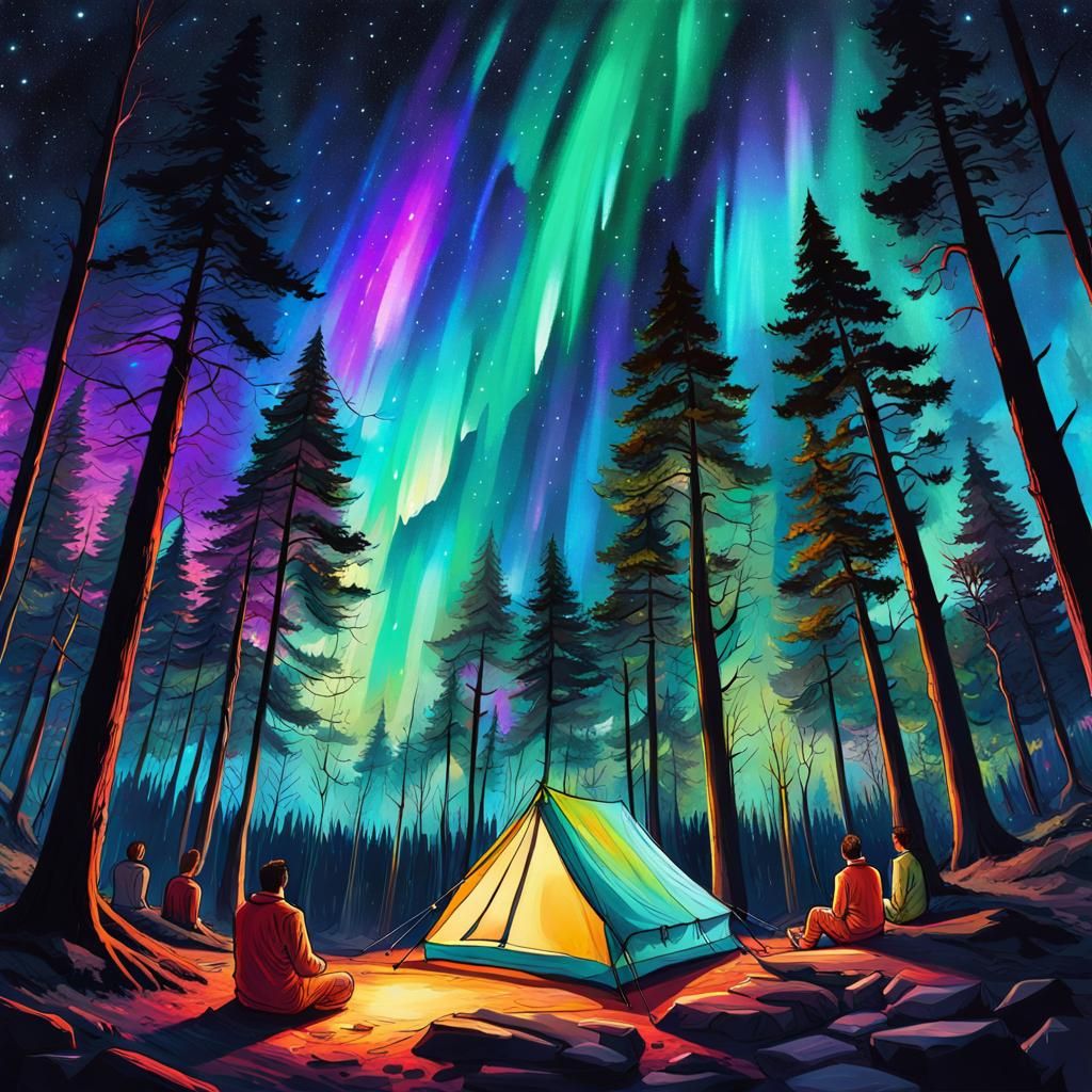 Aurora Borealis Over Magical Campsite, Mixed Media