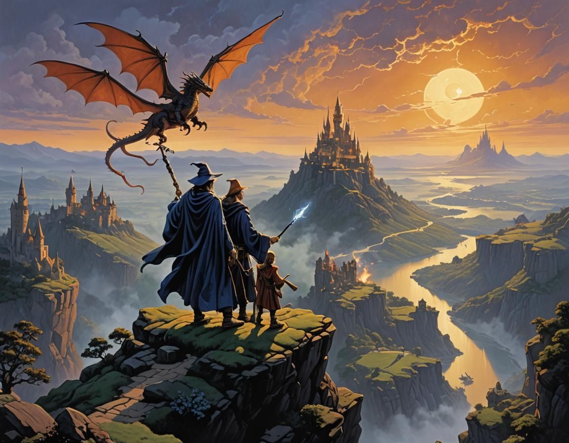 Wizard and Apprentice Overlook Magical Kingdom as Gouache Pa...