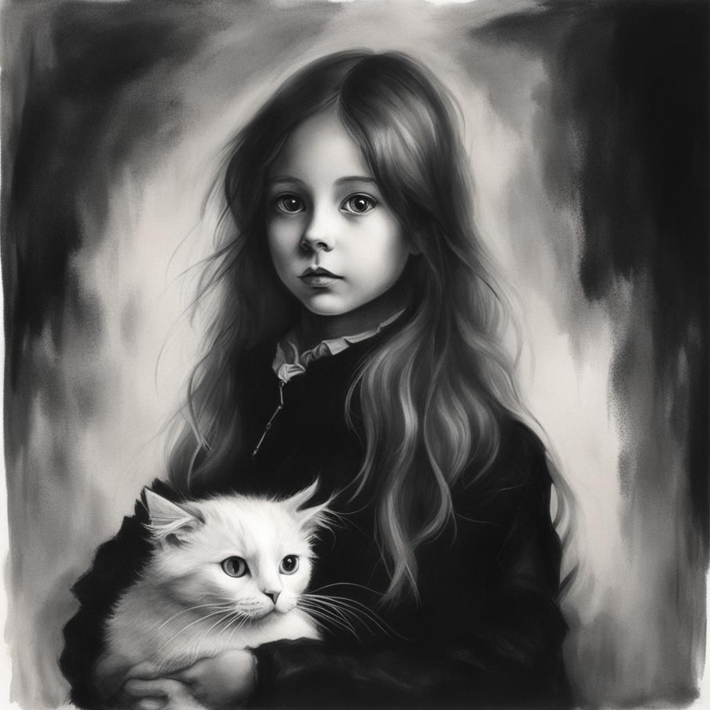 Girl with Cat in Gammell-esque Horror Style