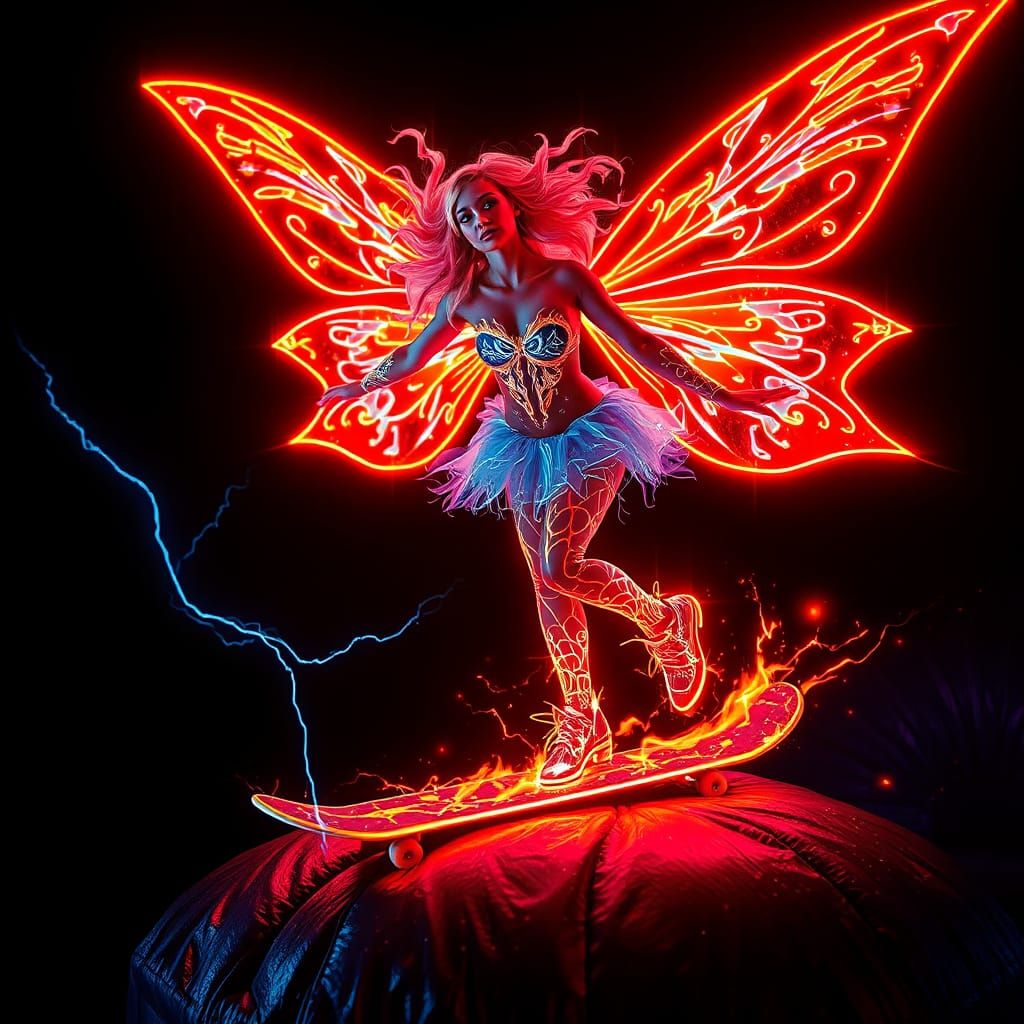 Fairy Skateboarding with Neon Outlines