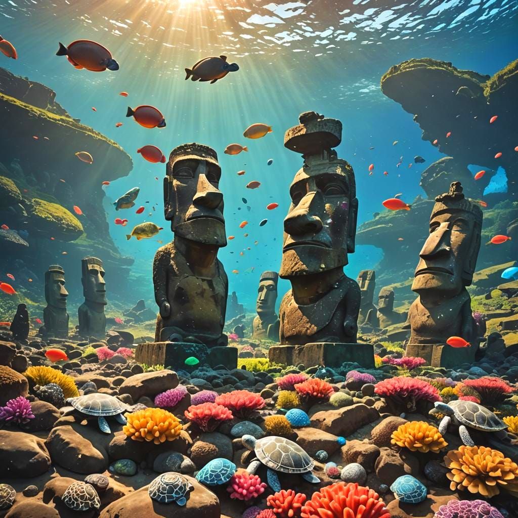 Easter Island Moai with Coral Reef and Turtles