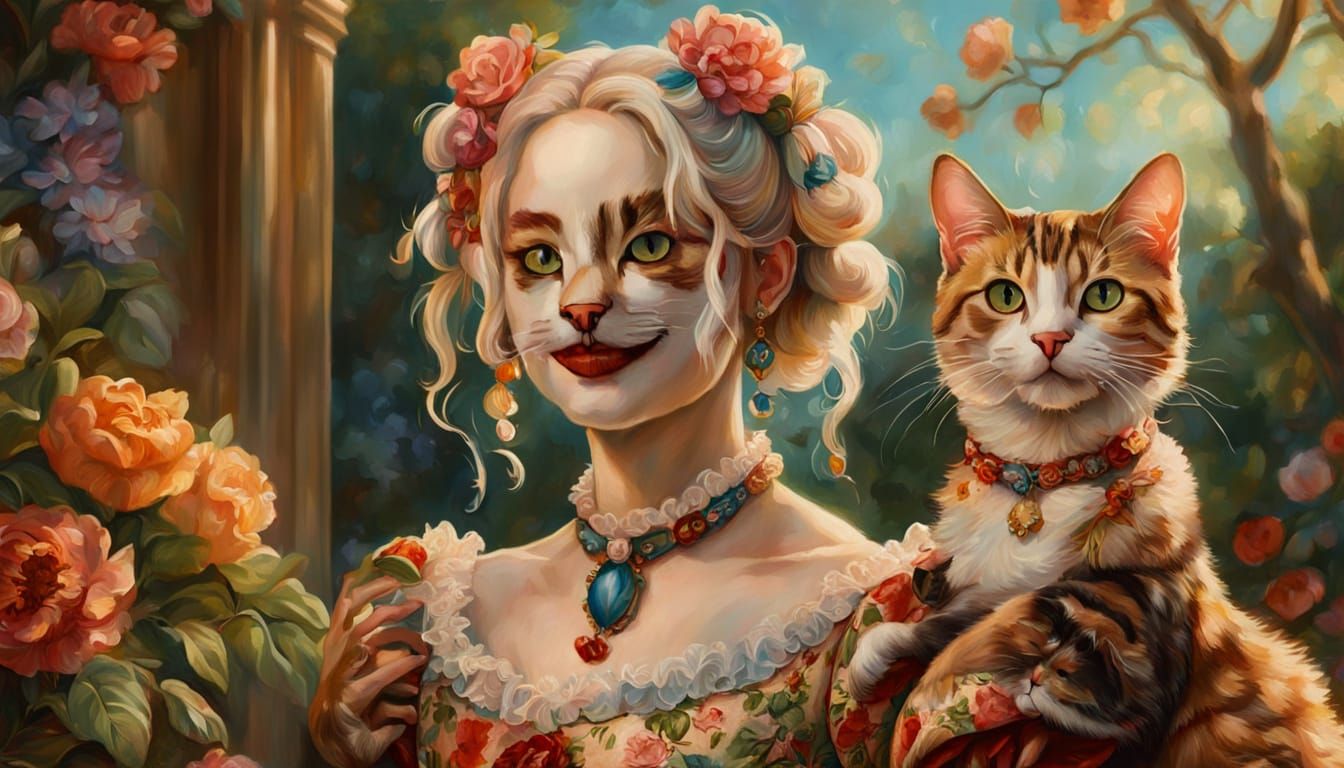Rococo Portrait of Noble Harley Quinn with Cat