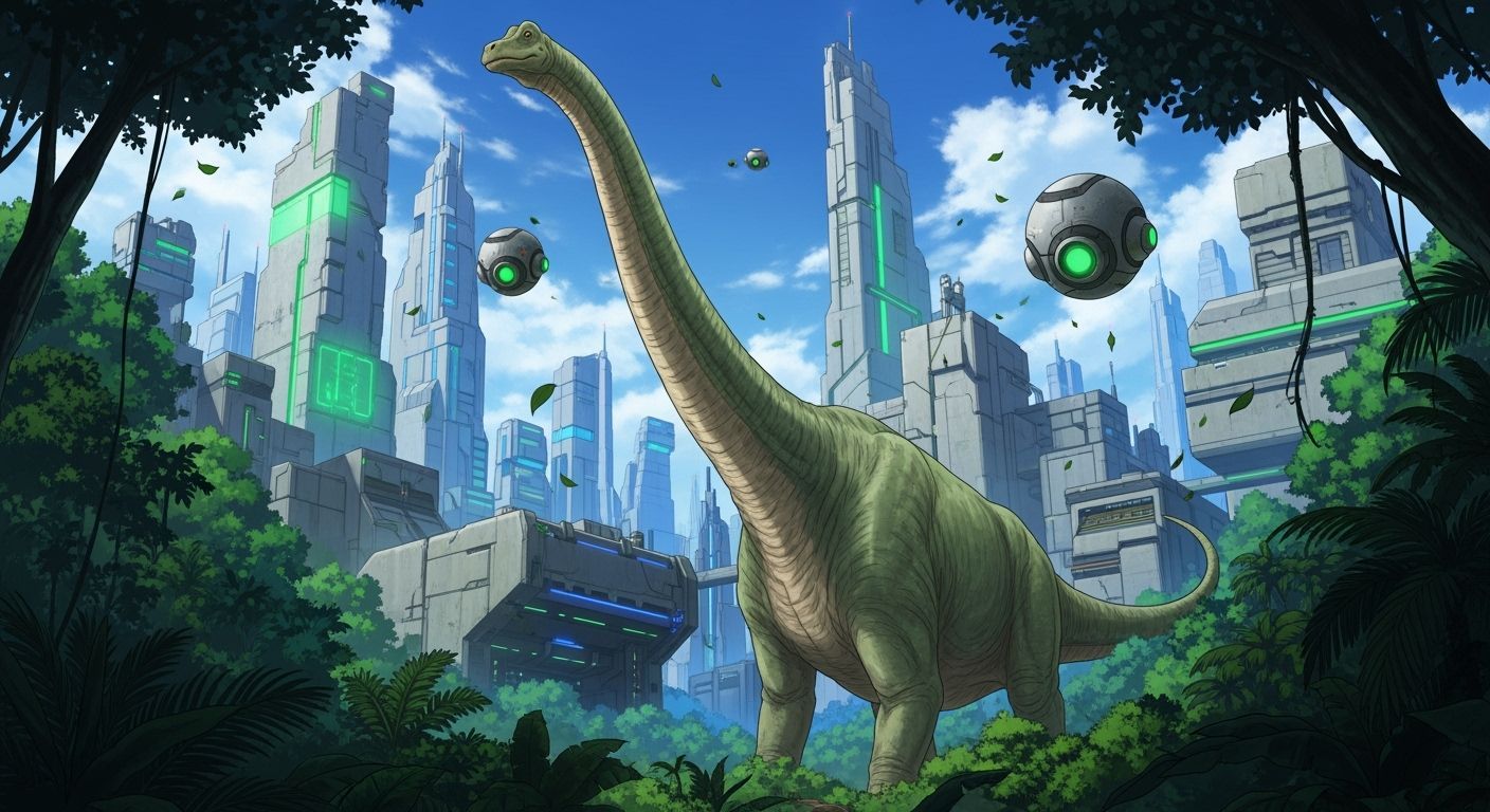 Diplodocus in Lush Jungle with Futuristic Brutalist Bunker C...
