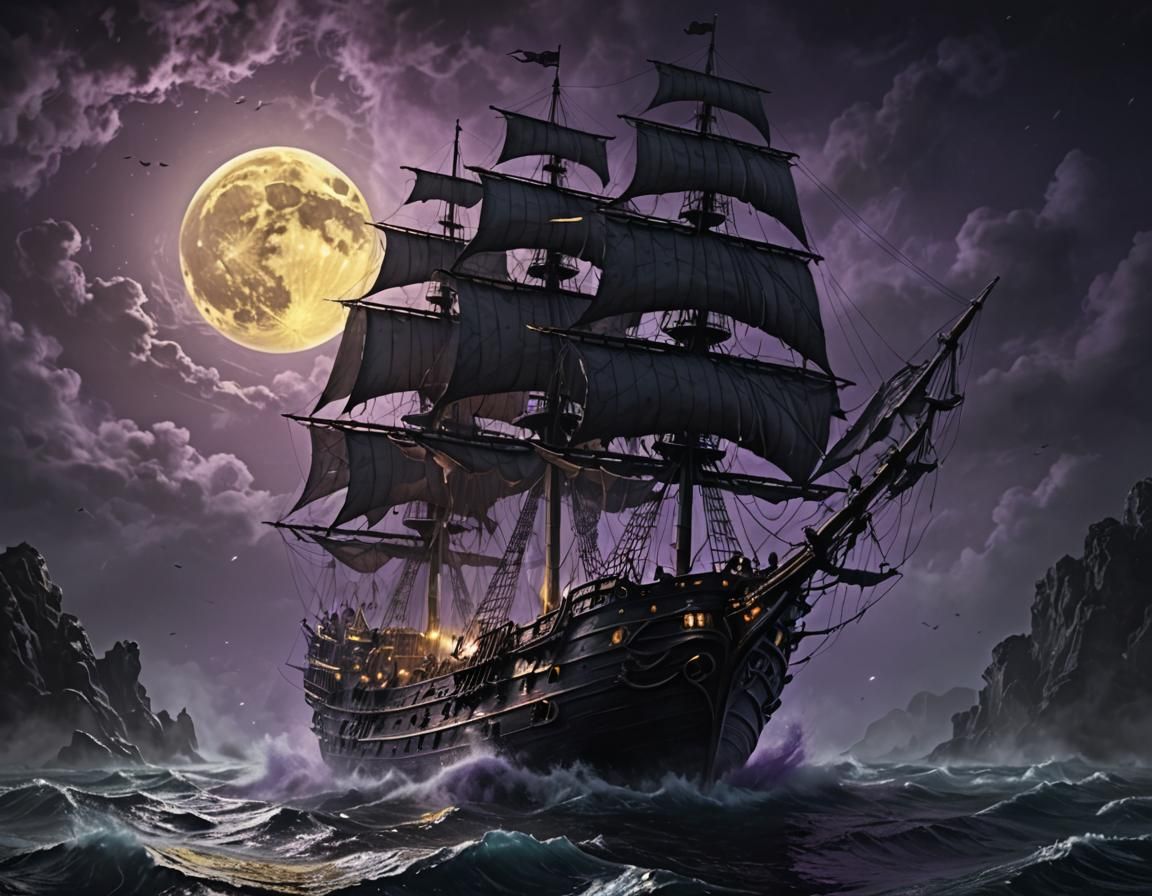 Ghost Ship Sailing on a Moonlit Night