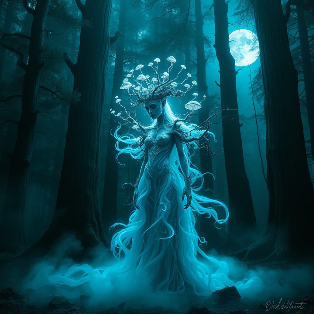 Mystical Forest Spirit of Mist and Moonlight in Surreal Styl...