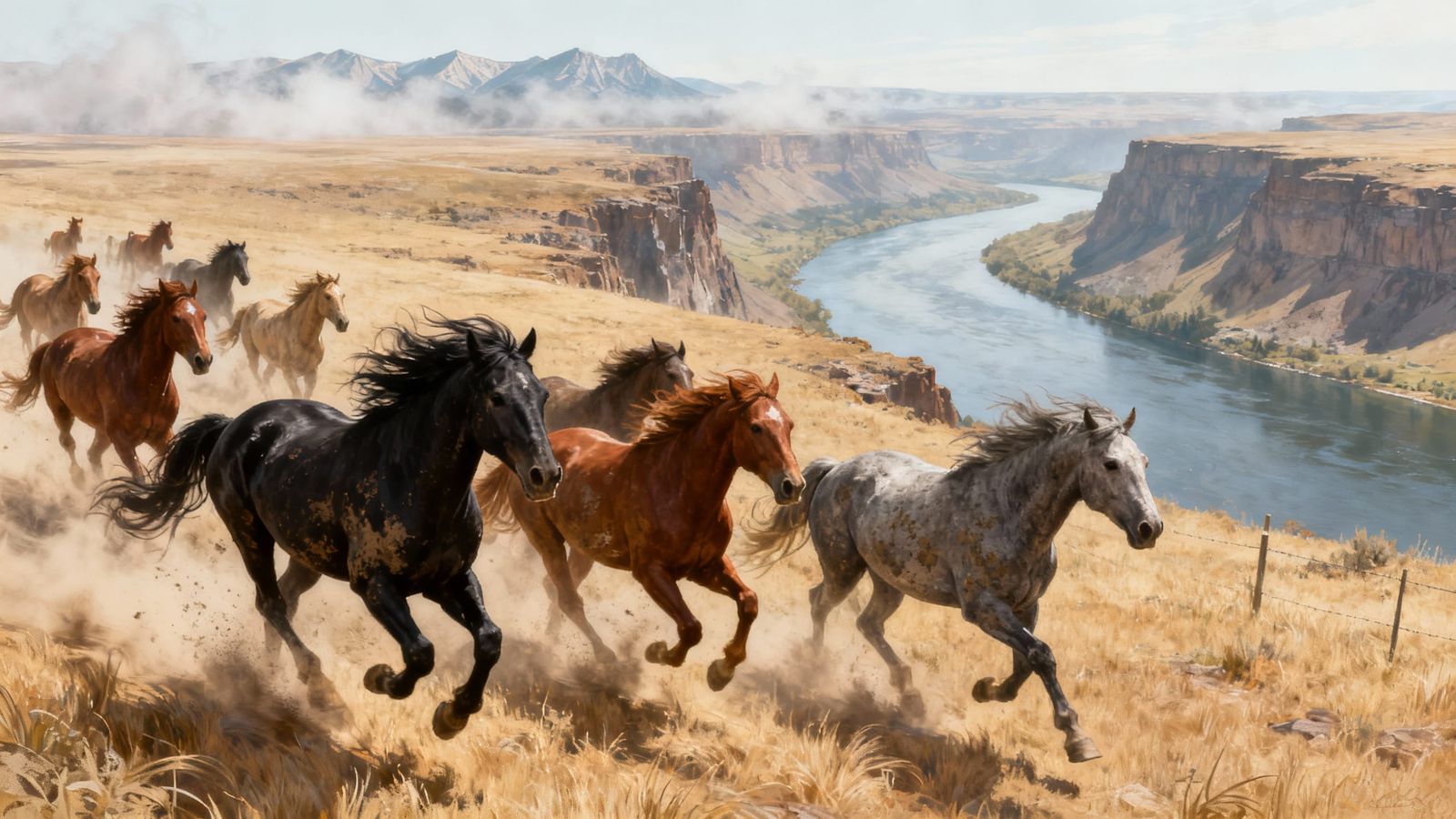 Wild Horses Gallop on High Plateau Above Columbia River