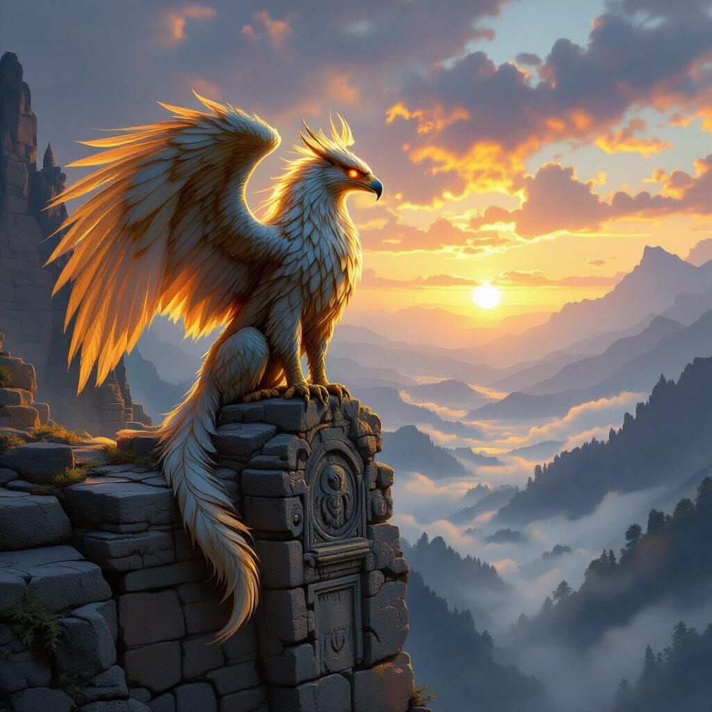 Majestic Griffin on Ancient Ruins at Dawn