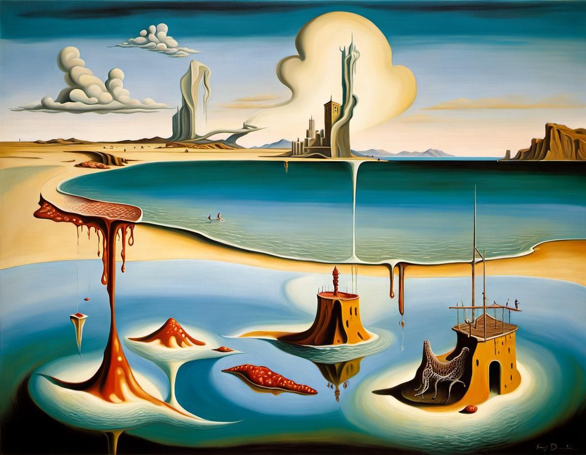 Surreal Bacon Melts on Dreamlike Beach, Oil Painting