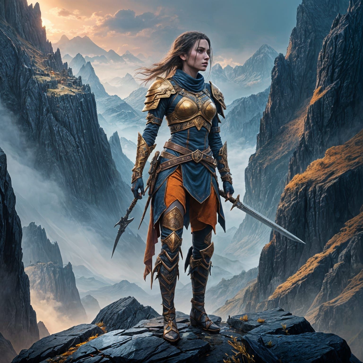 Fantasy Girl with Dagger in Mountain Landscape