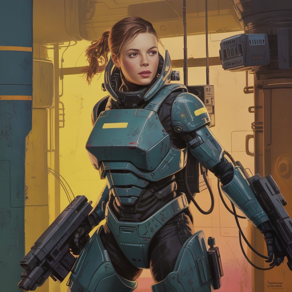 Futuristic Soldier in Sci-Fi Armor, Acrylic Painting