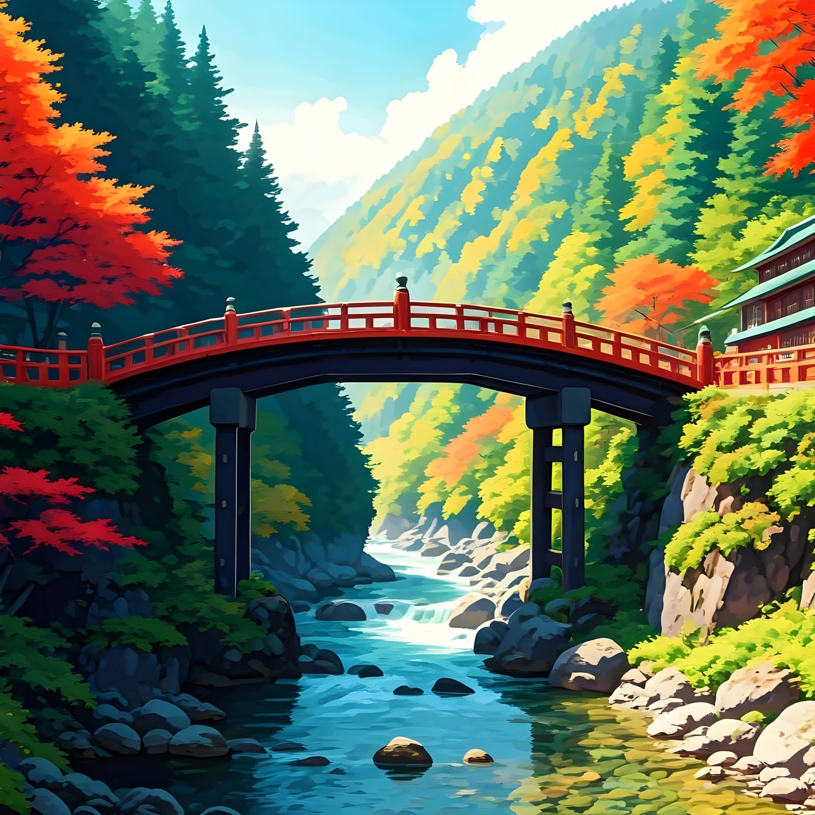 Ethereal Shinkyo Bridge in Vibrant Watercolor Style
