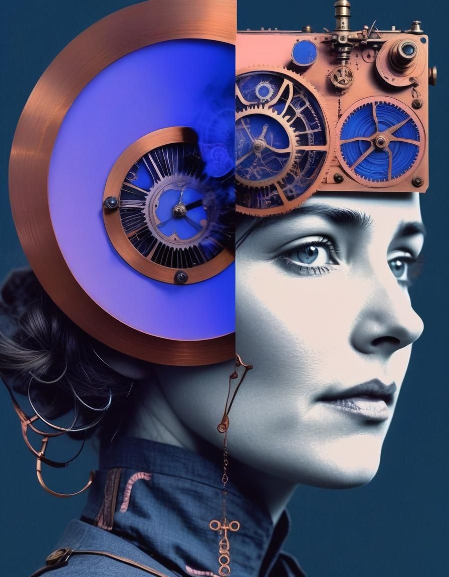 Retrofuturist Engineer in Aetheric Workshop Collage